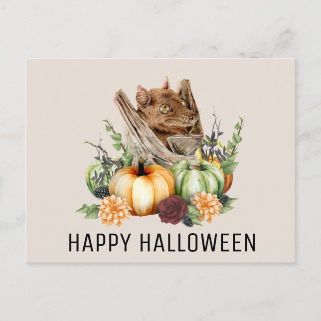 Happy halloween Cute Little Fladdermus med Pumpkin Vykort (Framsida)