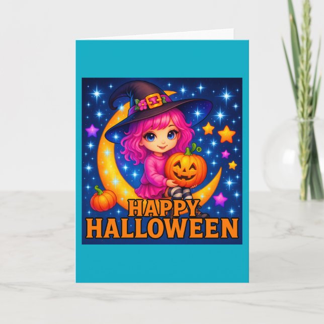 Happy halloween Cute Måne Witch Hälsning-kort Kort (Framsida)