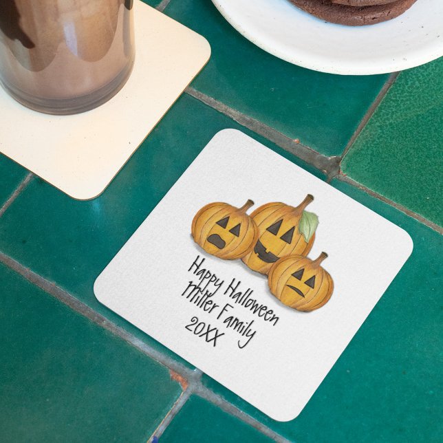 Happy halloween Cute Pumpkins Anpassningsbar Underlägg Papper Kvadrat (Happy Halloween Pumpkins coaster)