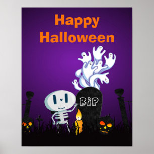 Happy halloween Cute Spöken & Seletons i kyrkogård Poster