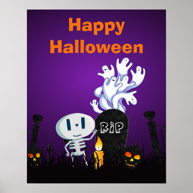 Happy halloween Cute Spöken & Seletons i kyrkogård Poster (Framsidan)