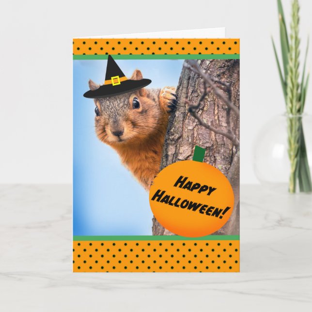 Happy halloween Cute Squirrel i Witch Hat Helgkort (Framsida)