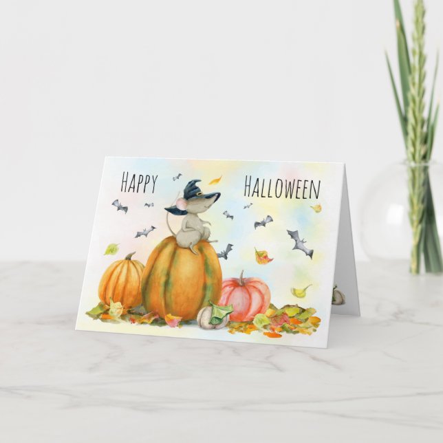 Happy halloween Cute Tecknad Witch Mouse Card Kort (Framsida)
