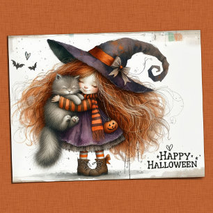 Happy halloween - Cute Witch Girl and Black Cat Vykort