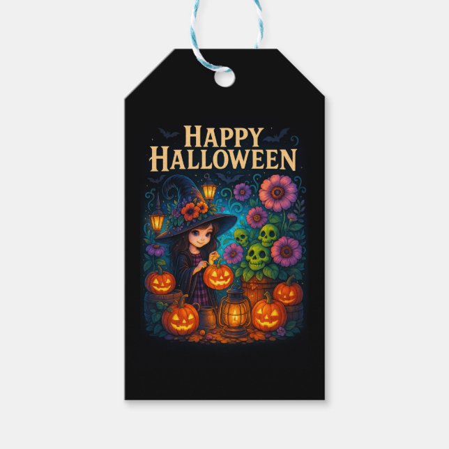 Happy halloween Cute Witch Pumpkin Garden Gift Mär Presentetikett (Framsidan)