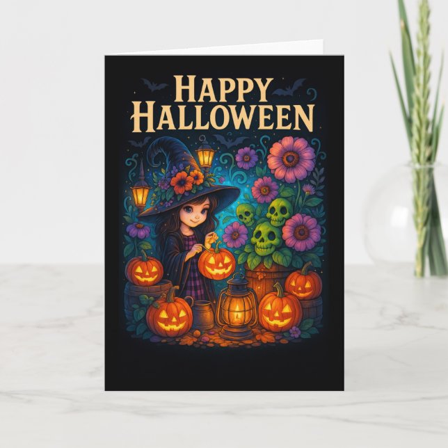 Happy halloween Cute Witch Pumpkin Hälsning Card Kort (Framsida)