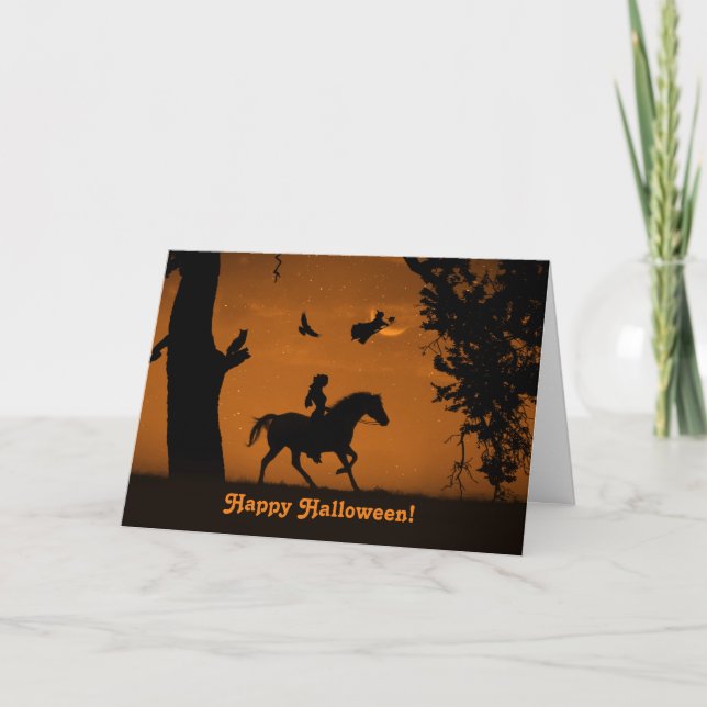 Happy halloween Cute with Girl and Horse Witch Kort (Framsida)