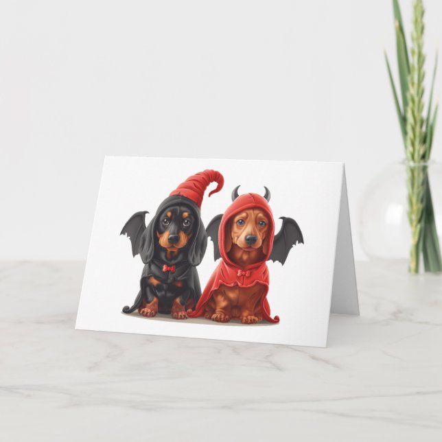Happy halloween Dachshund Hundar Djävulen Fladderm Kort (Framsida)