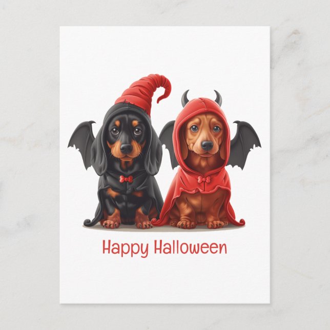 Happy halloween Dachshund Hundar Djävulen Fladderm Vykort (Framsida)