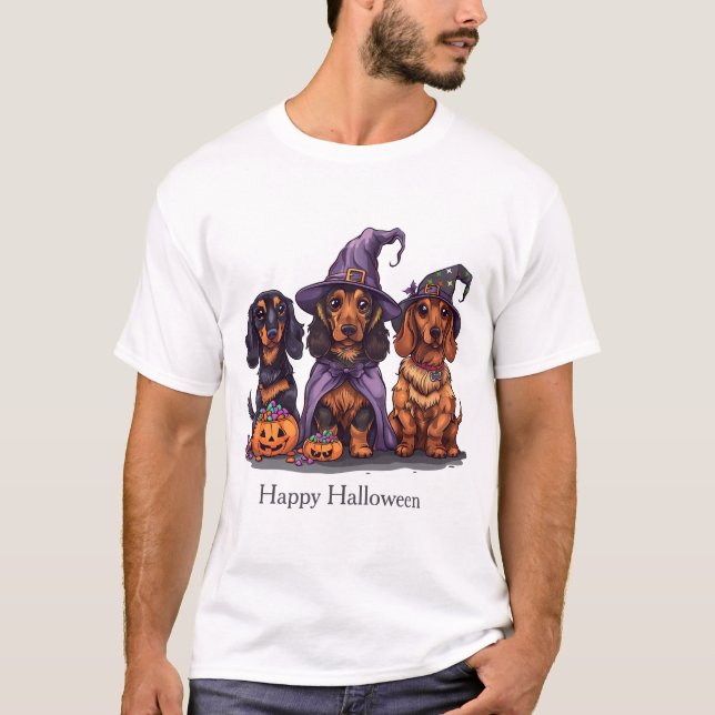 Happy halloween Dachshund Witch Hundar T Shirt (Framsida)