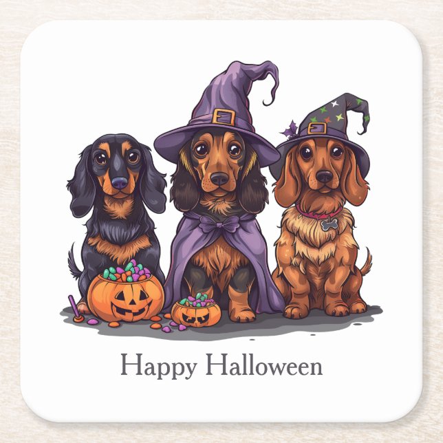 Happy halloween Dachshund Witch Hundar Underlägg Papper Kvadrat (Framsidan)