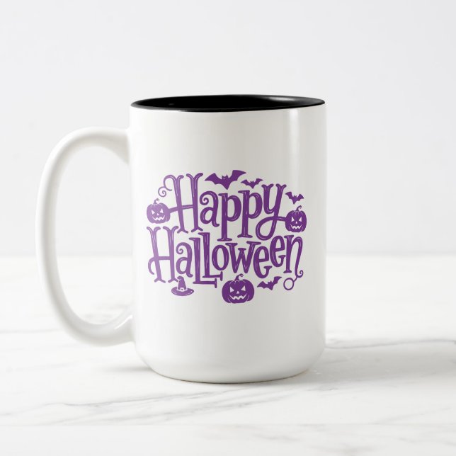 Happy Halloween elegant purple white  Två-Tonad Mugg (Vänster)