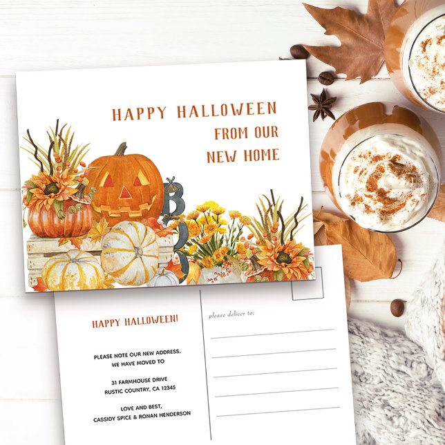 Happy halloween från New Home Rustic Pumpkins Helg Vykort (New address and Happy Halloween Postcard with rustic fall pumpkins)