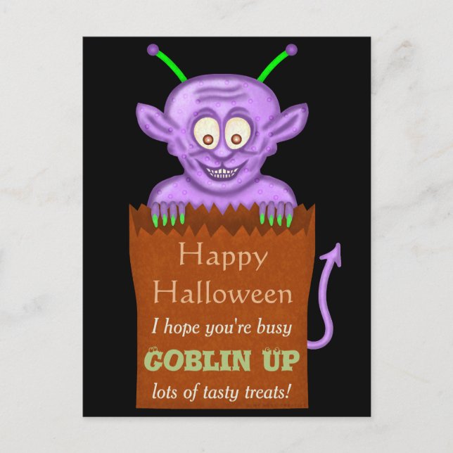 Happy halloween Funny Lila Goblin Pun Helg Vykort (Framsida)