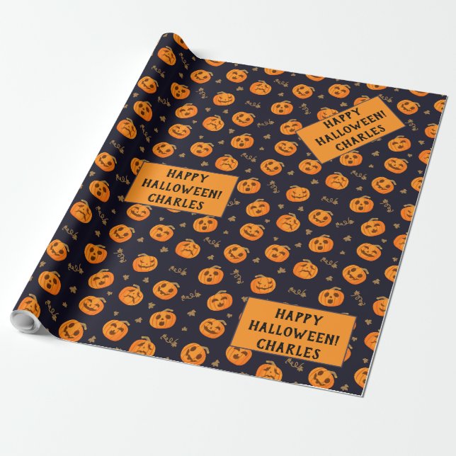 Happy halloween Funny Scary Orange Pumpkin Mönster Presentpapper (Utrullad)