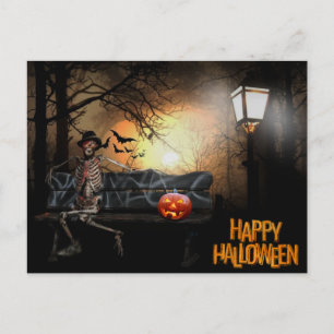 Happy halloween Funny Spooky Skeleton på Bench Helg Vykort