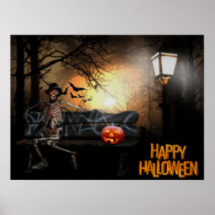 Happy halloween Funny Spooky Skeleton på Bench Poster