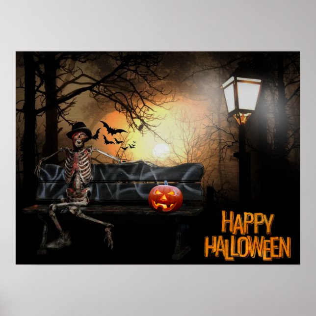 Happy halloween Funny Spooky Skeleton på Bench Poster (Framsidan)