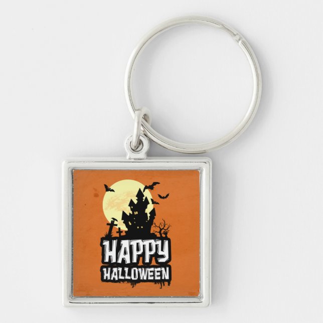 Happy halloween fyrkantig silverfärgad nyckelring (Framsidan)