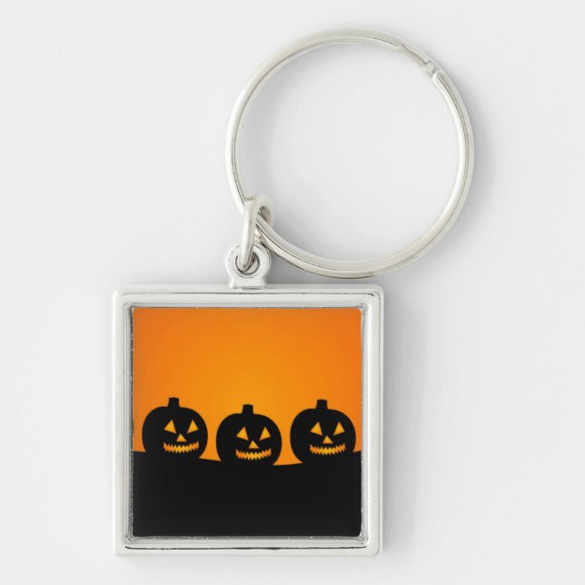 Happy halloween fyrkantig silverfärgad nyckelring (Framsidan)