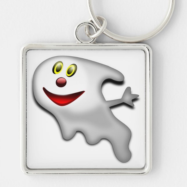 ’HAPPY HALLOWEEN’ GHOST FYRKANTIG SILVERFÄRGAD NYCKELRING (Framsidan)