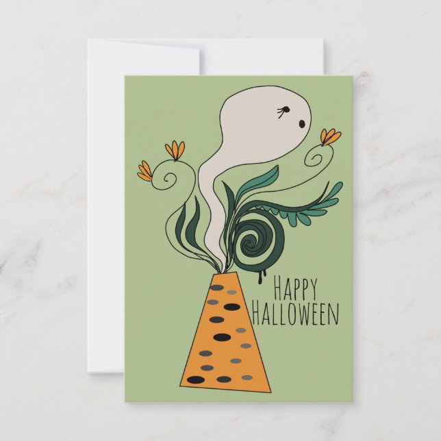 Happy halloween Ghost Greenery Blommigt Doodle Kort (Framsida)