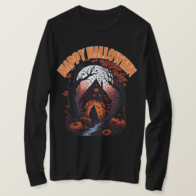 Happy halloween Ghost House-Anpassningsbar Text T Shirt (Design framsida)