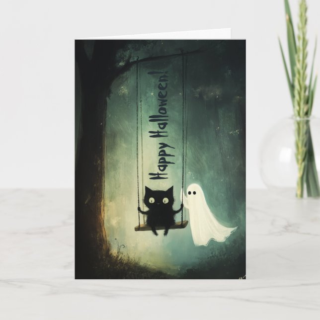 Happy halloween Ghost och Cat on Swing Tack Kort (Framsida)