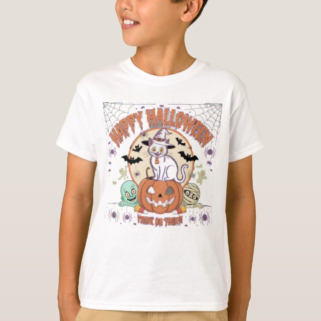 Happy halloween Ghost Scary Pumpkin Cat T Shirt (Framsida)