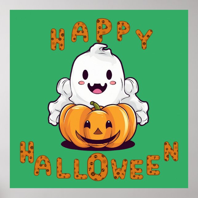Happy halloween Ghost sitta på en pumpa Poster (Framsidan)