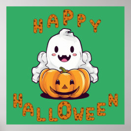 Happy halloween Ghost sitta på en pumpa Poster