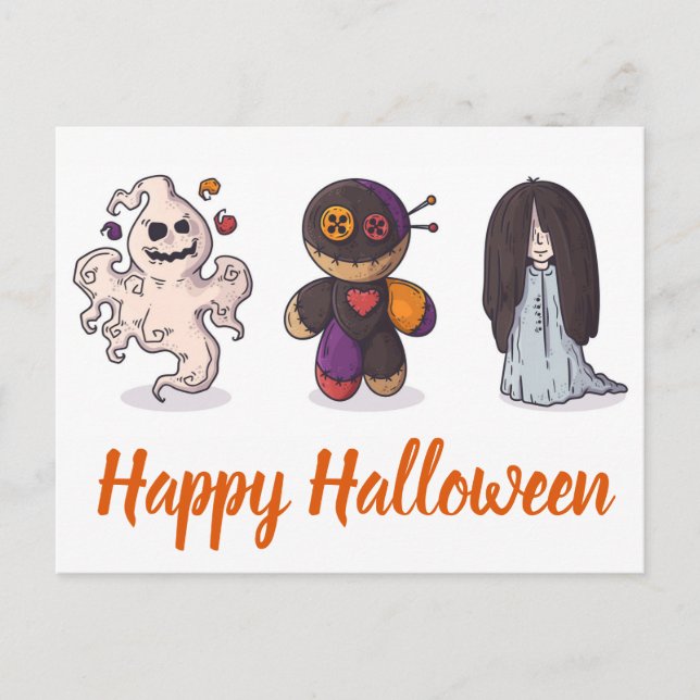 Happy halloween Ghost Voodoo Doll and Girl Vykort (Framsida)