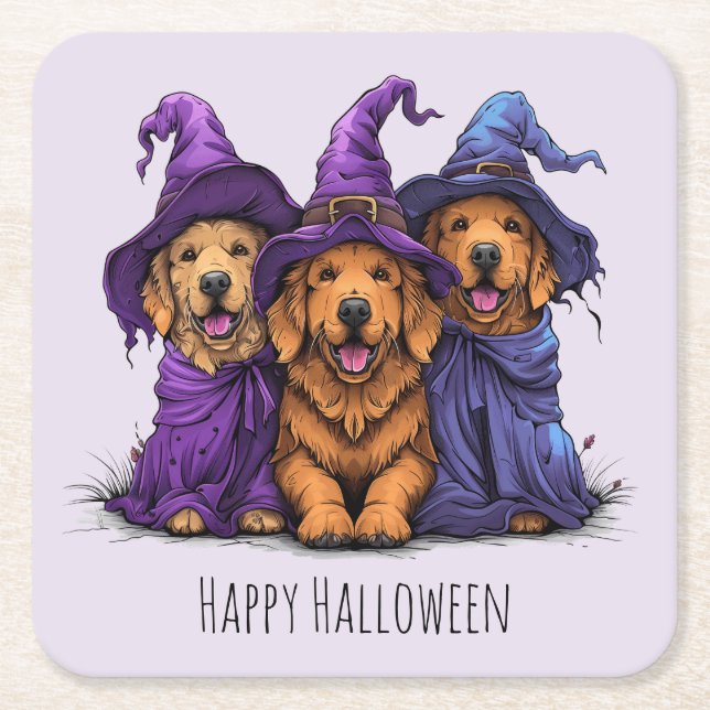 Happy halloween Golden Retriever Hundar Witches Underlägg Papper Kvadrat (Framsidan)