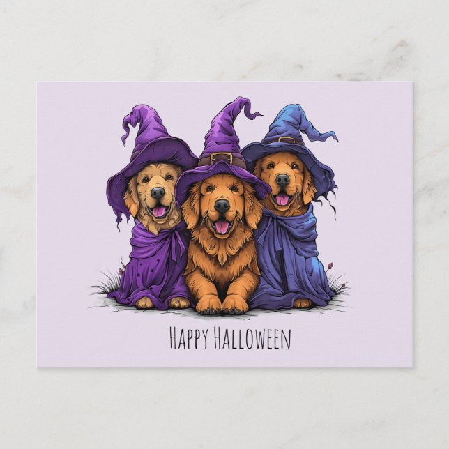 Happy halloween Golden Retriever Hundar Witches Vykort (Framsida)