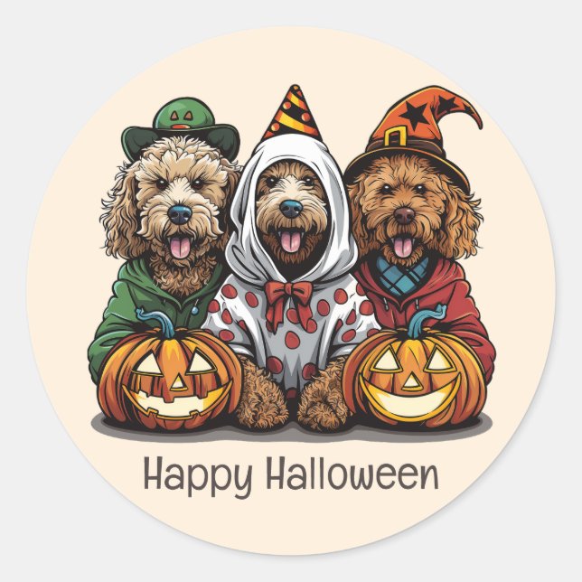 Happy halloween Goldendoodle Hundar Runt Klistermärke (Framsida)