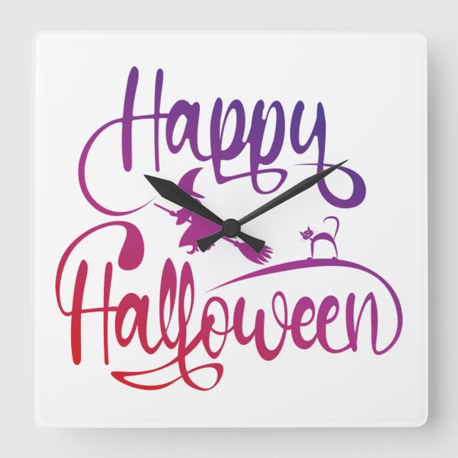 Happy halloween, gradient, häxkatt fyrkantig klocka (Framsida)