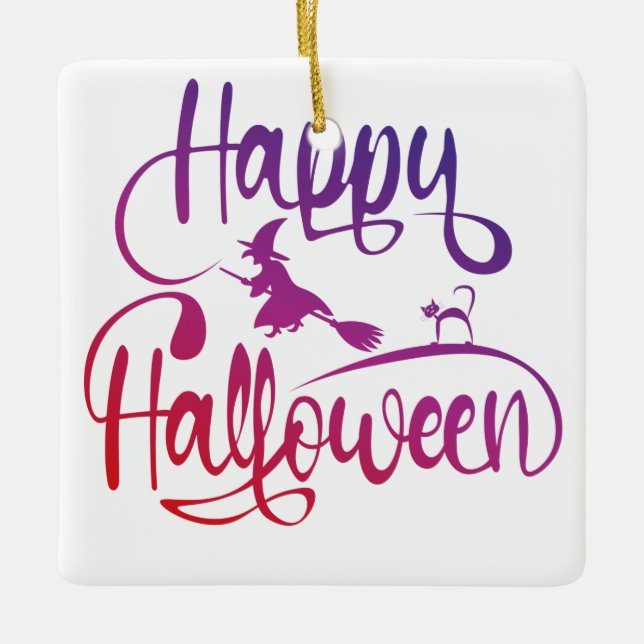 Happy halloween, gradient, häxkatt julgransprydnad keramik (Framsida)
