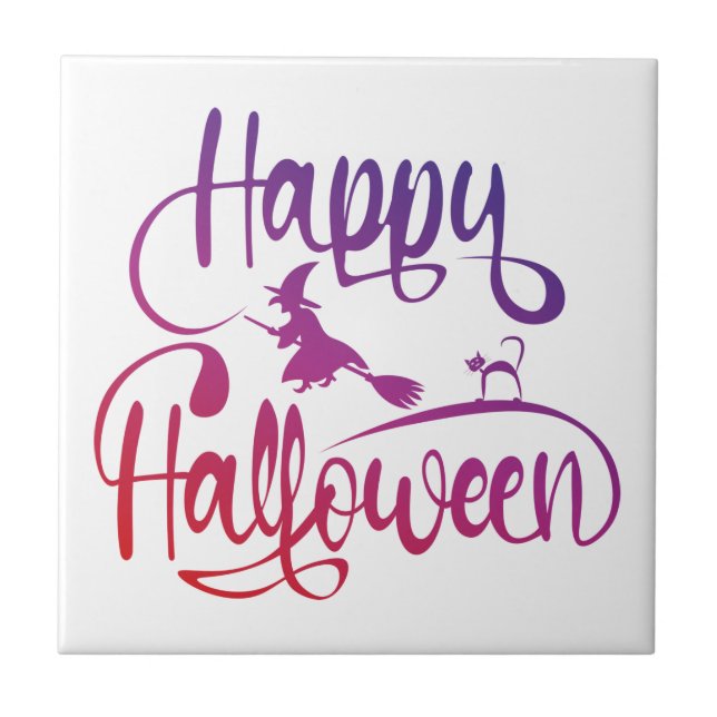Happy halloween, gradient, häxkatt kakelplatta (Framsidan)