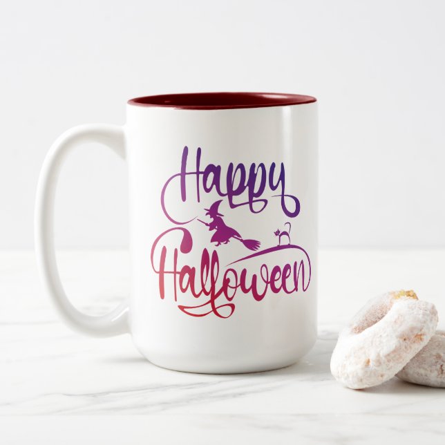 Happy halloween, gradient, häxkatt Två-Tonad mugg (Med munk)
