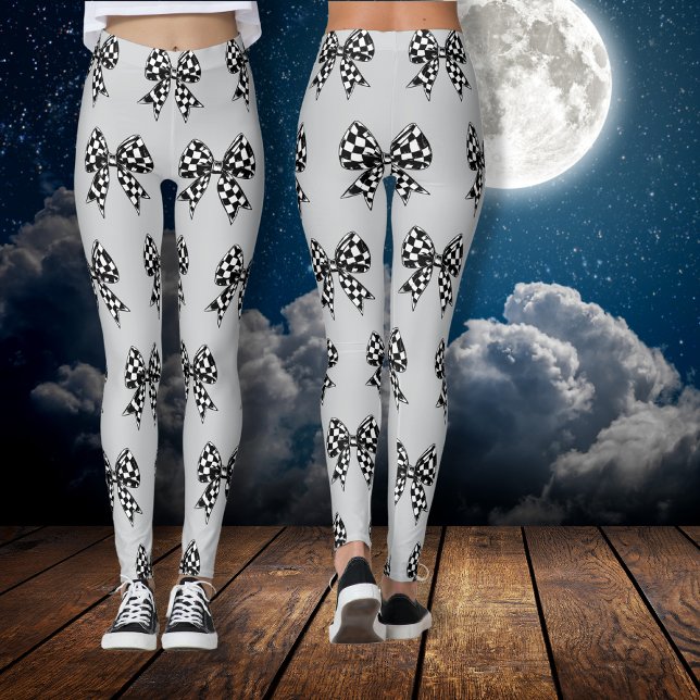 Happy halloween grått-kontrollerade svarta bågar C Leggings (Happy Halloween grey checked black bows Coquette Leggings)