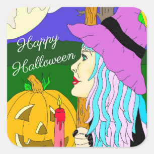 Happy halloween Hand plockade Witch och Full Moon Fyrkantigt Klistermärke