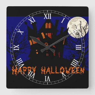 Happy halloween Haunted House Fyrkantig Klocka