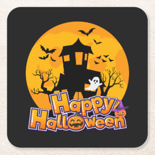 Happy halloween Haunted House Måne Underlägg Papper Kvadrat