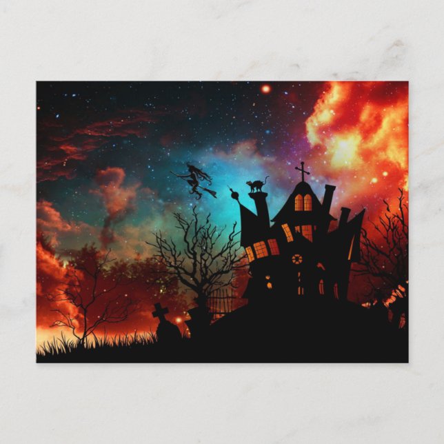 Happy halloween Haunted House och Witch Vykort (Framsida)