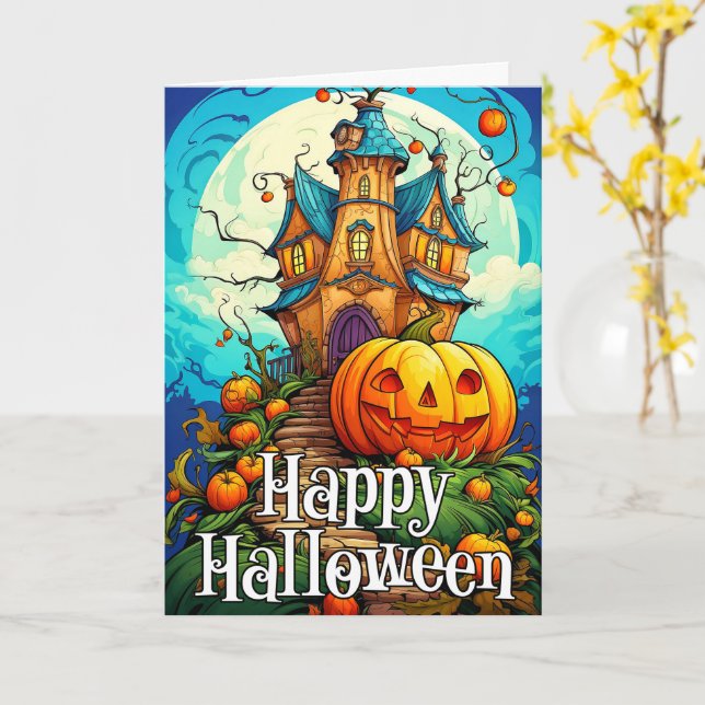 Happy halloween Haunted House & Pumpkin Kort (Gul blomma)