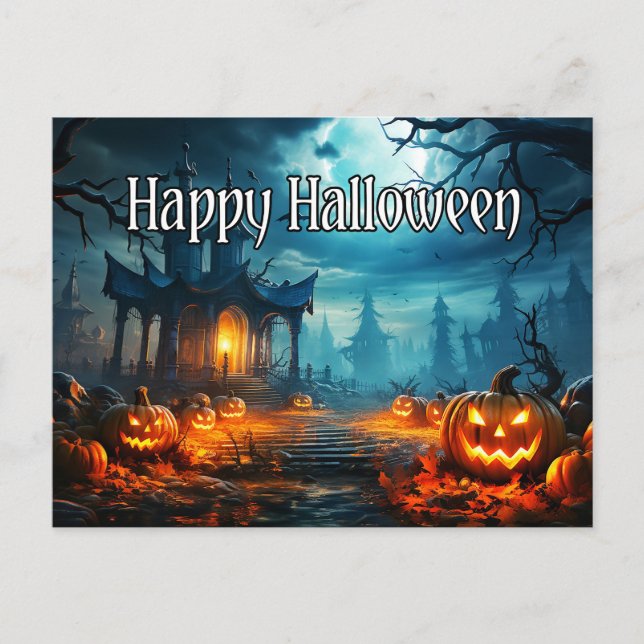 Happy halloween Haunted House & Spooky Pumpkins Vykort (Framsida)