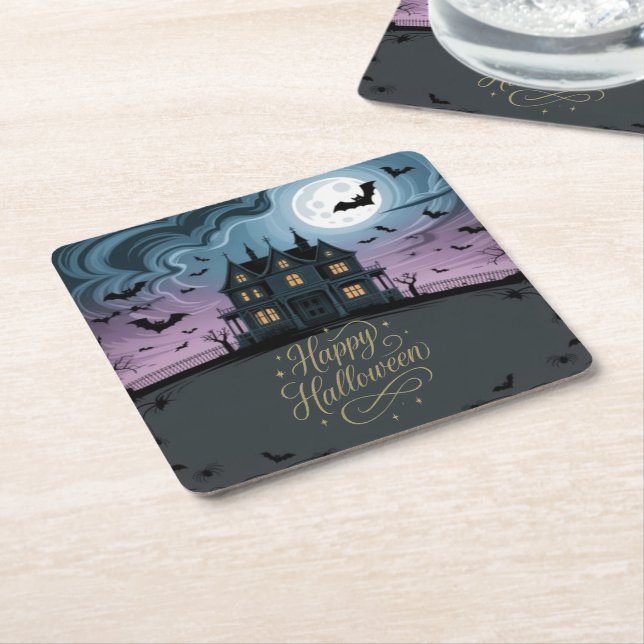 Happy halloween Haunted House Underlägg Papper Kvadrat (Vinklad)