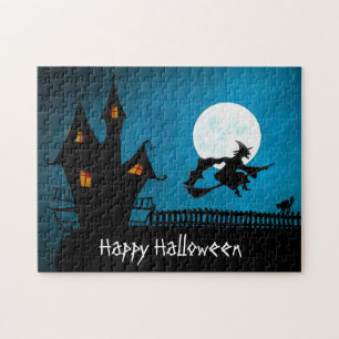 Happy halloween Haunted House Witch Broomstick Cat Pussel