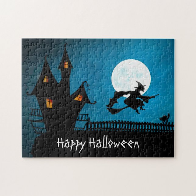 Happy halloween Haunted House Witch Broomstick Cat Pussel (Horisontell)
