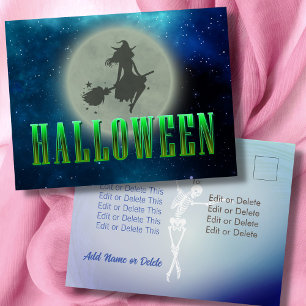Happy halloween häxa måne skeleton boo typography vykort